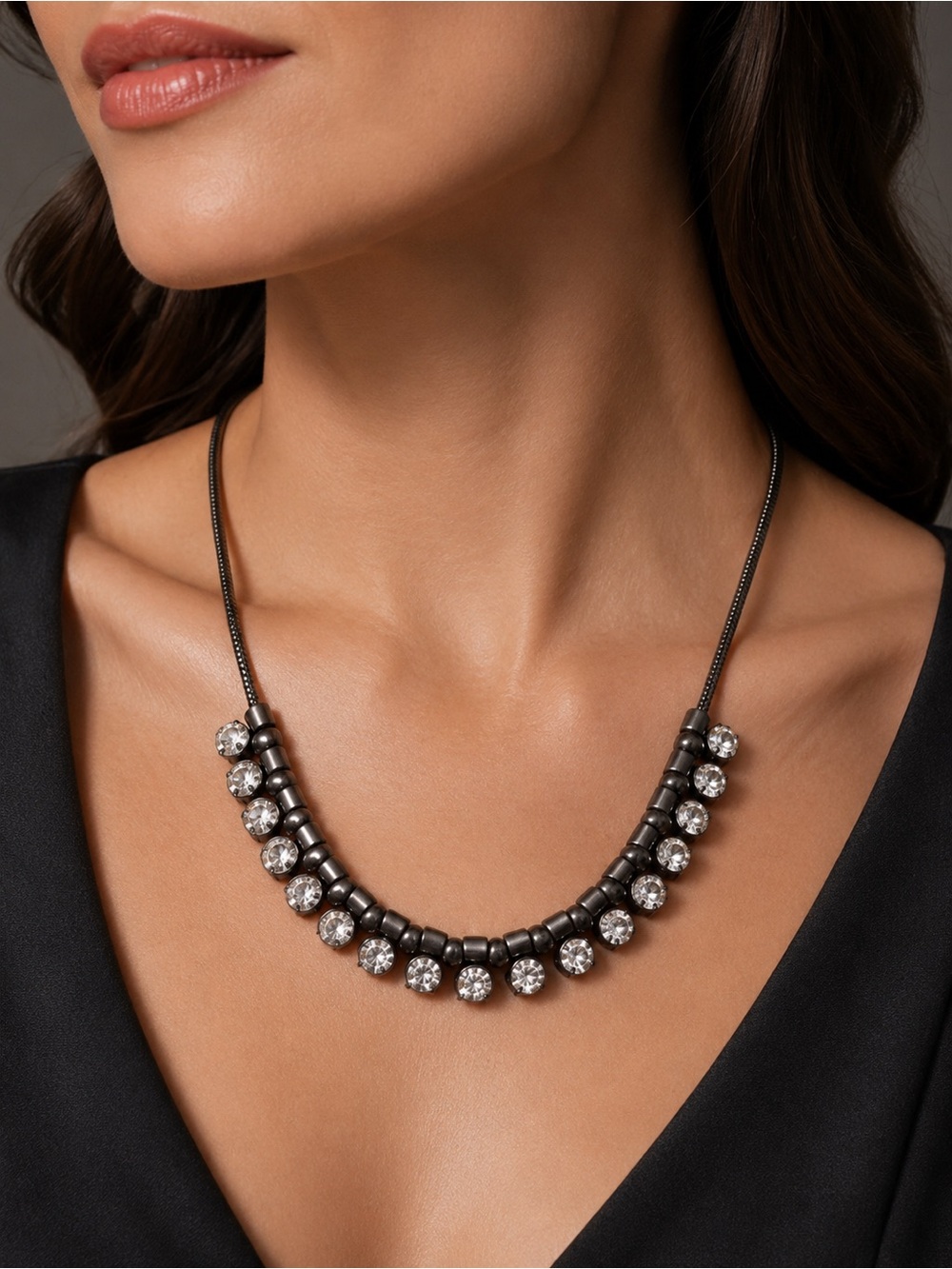 Lia Sophia Gunmetal Rhinestone Collar Necklace | Glam Night Out